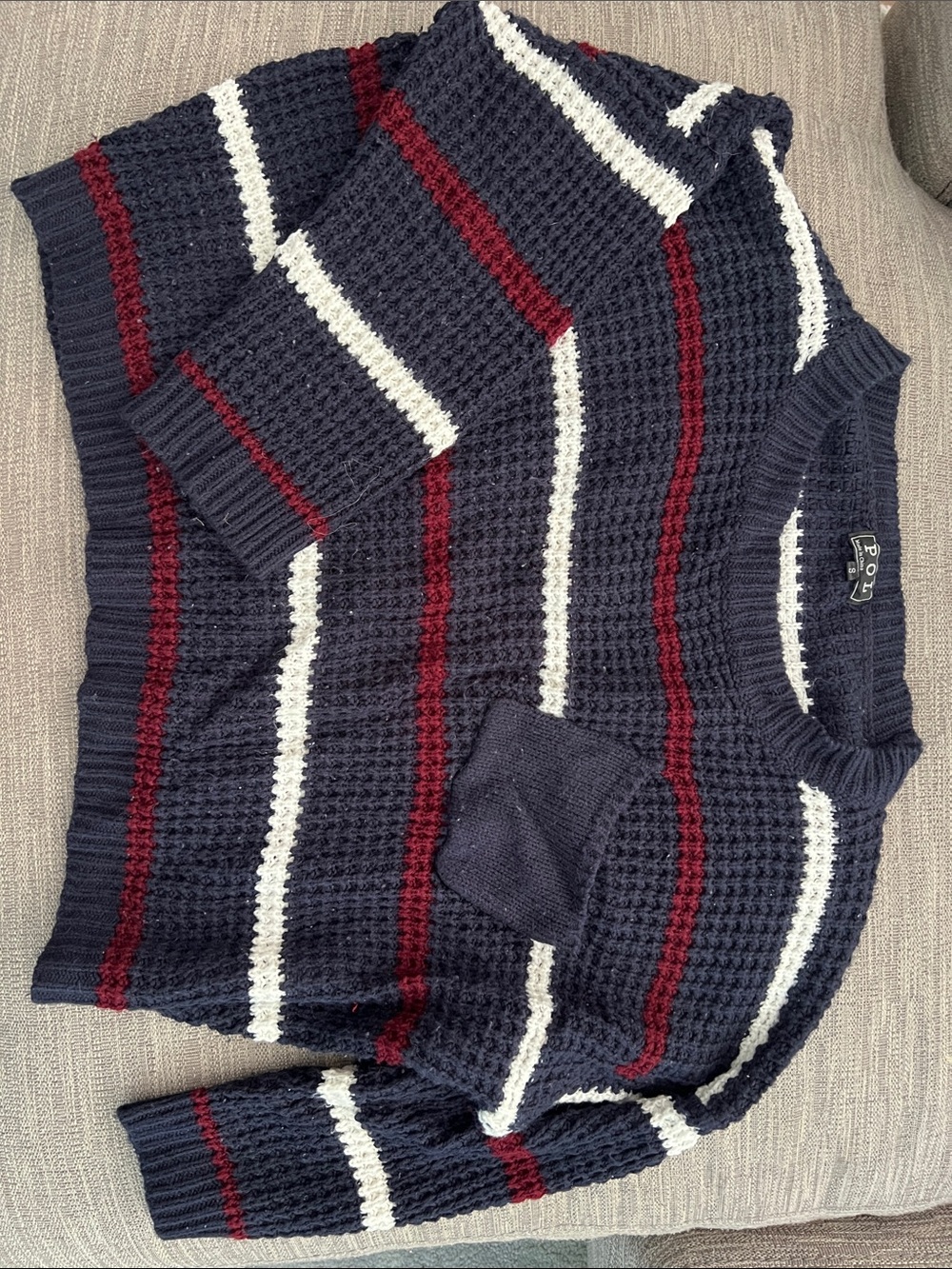 Oversized Navy Striped Waffle-Knit Crewneck Sweater